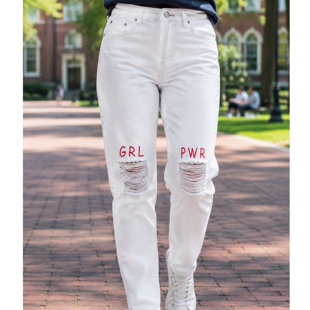 PrettyLittleThing White GRL PWR Graphic Distressed High Waisted Jeans Size 14